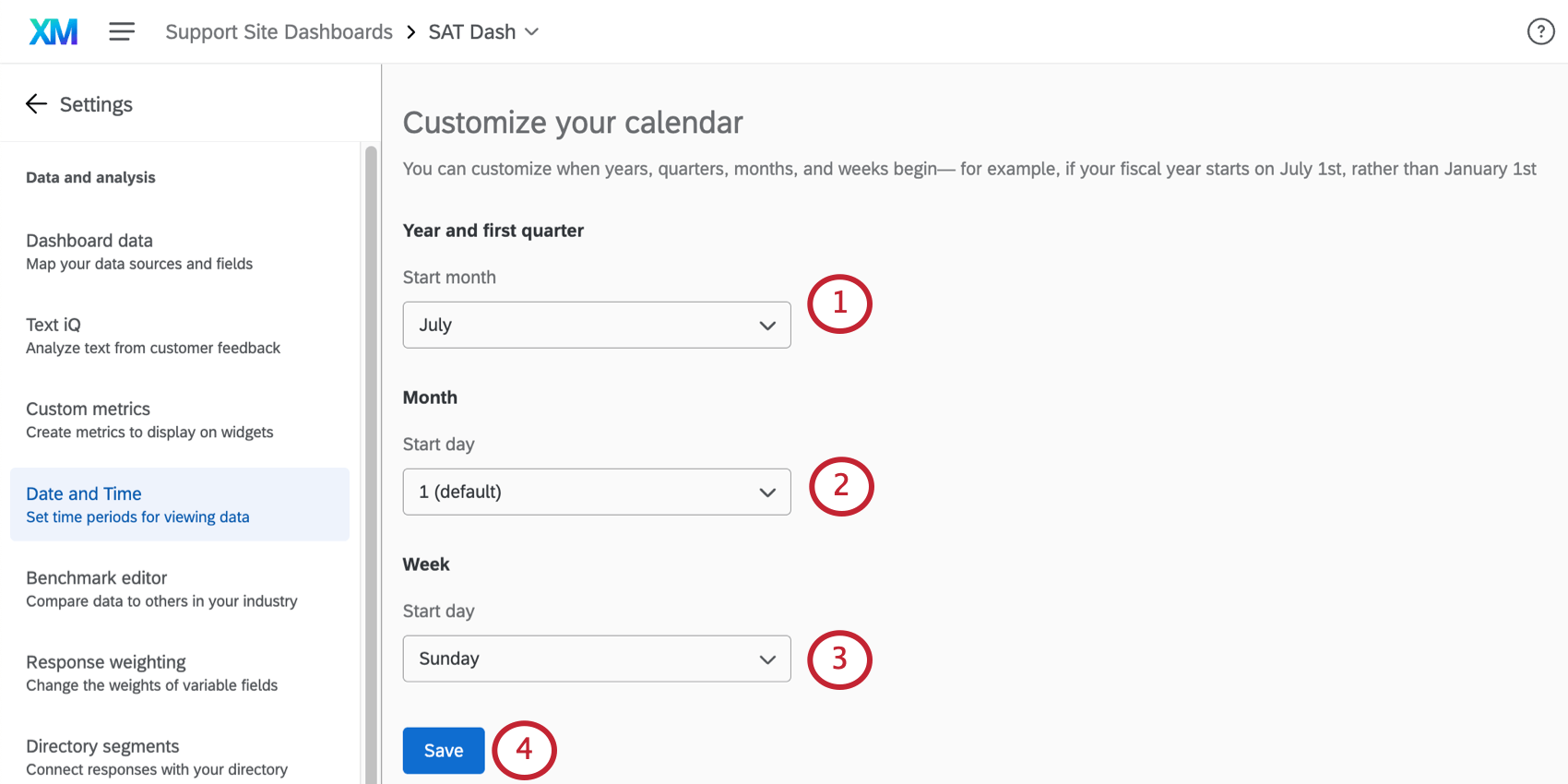 Numbered fields in the customize your calendar part of the dashboard settings