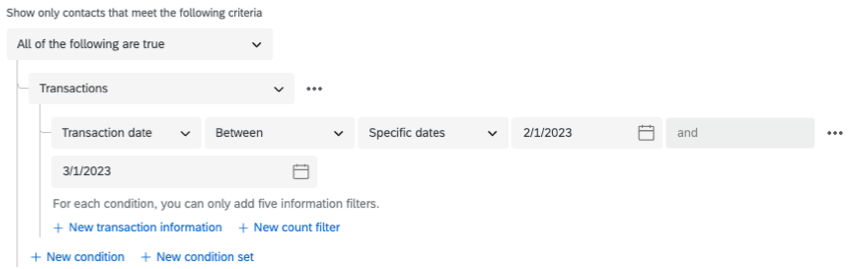 Screenshot shows a condition that says show only contacts that meet the following criteria: transaction date is between specific dates february 2 and march 1 2023