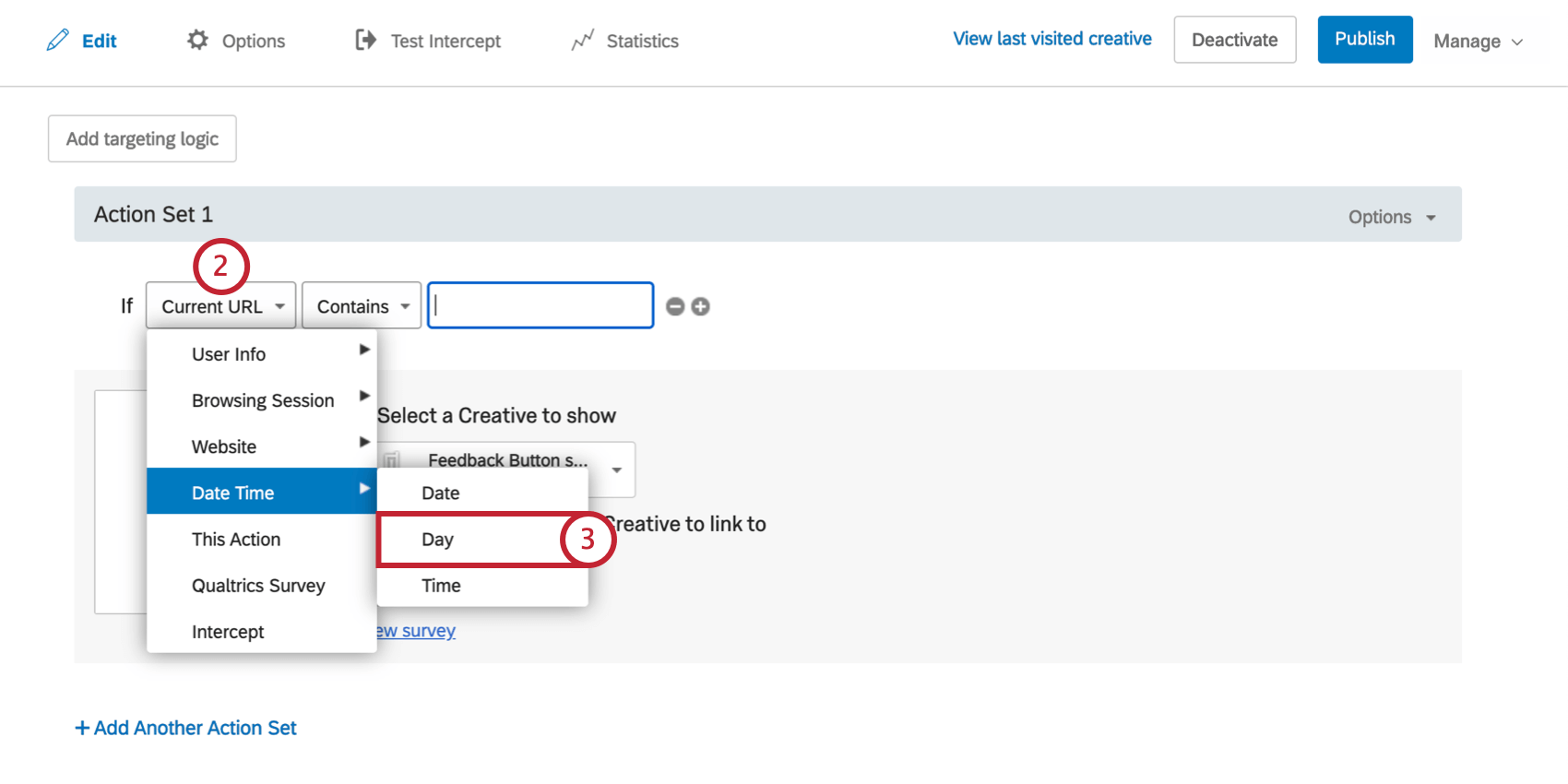First field dropdown, date time is highlighted, day is selected