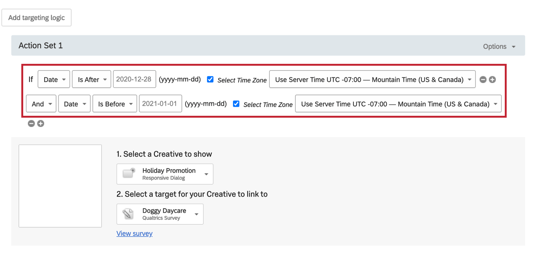 Promotion example where the holiday promotion will only show between November 30 and January 1