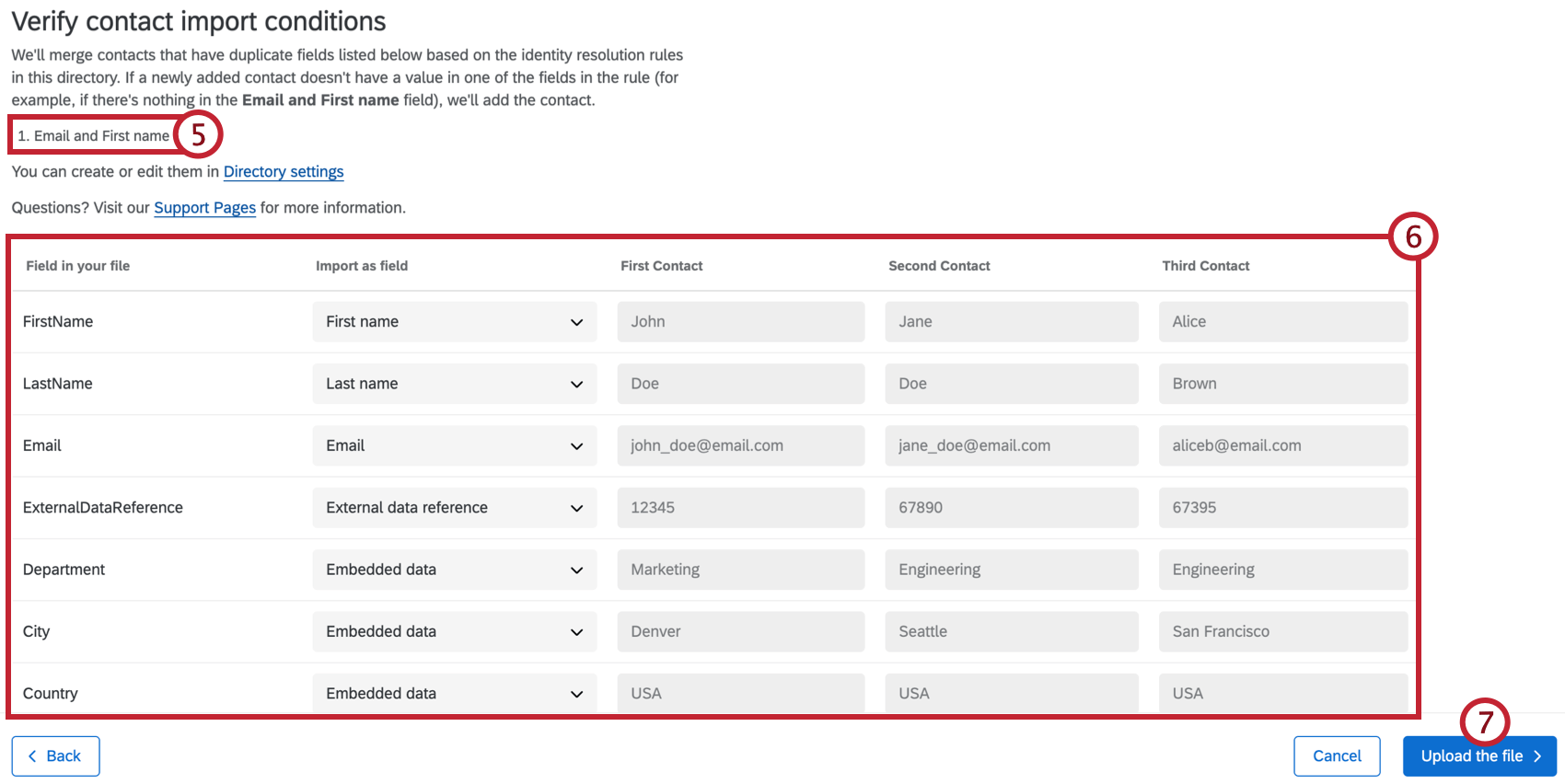 verifica delle condizioni di importazione dei contatti e dei campi nel file caricato