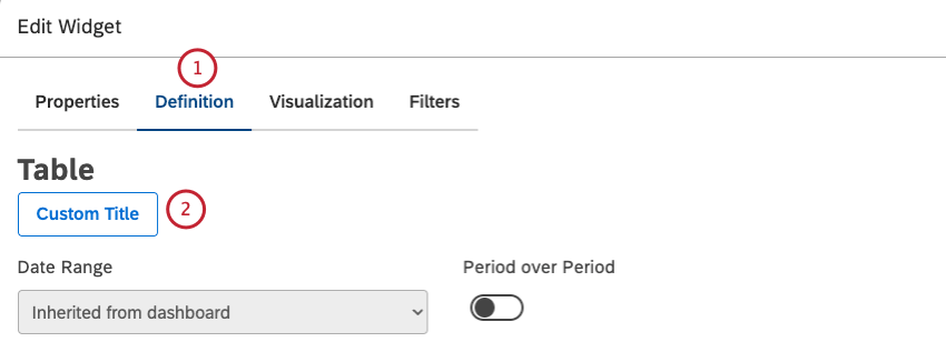 Select the Definition tab. To enter your own widget title, click Custom Title