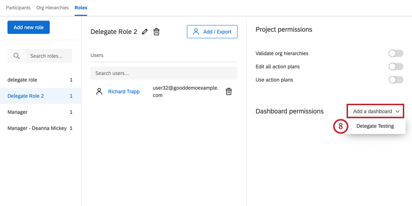 in the roles section, clicking add a dashboard and selecting the dashboard to add