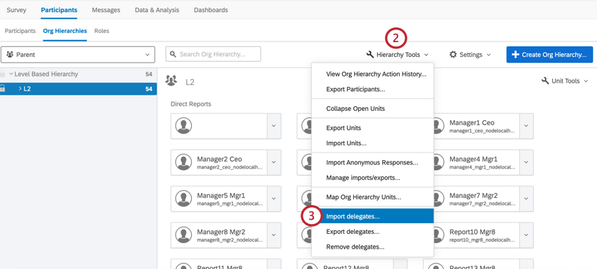 dans la section Hiérarchies dorganisation, en cliquant sur Outils de hiérarchie puis sur Importer des délégués