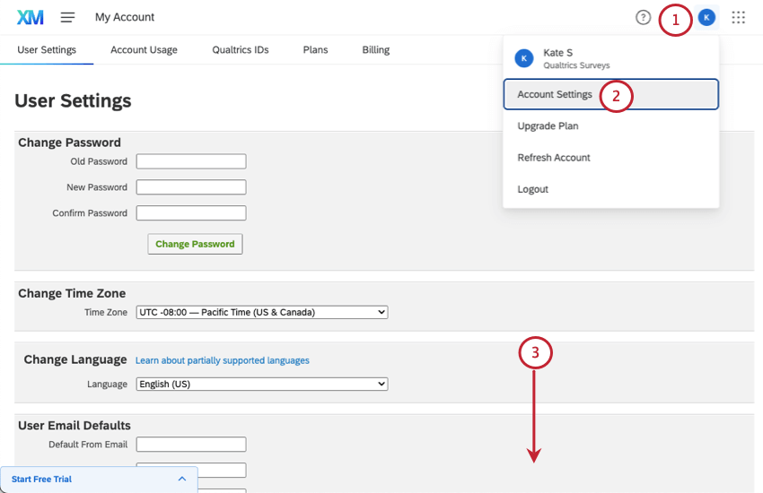 account settings page opened to user settings