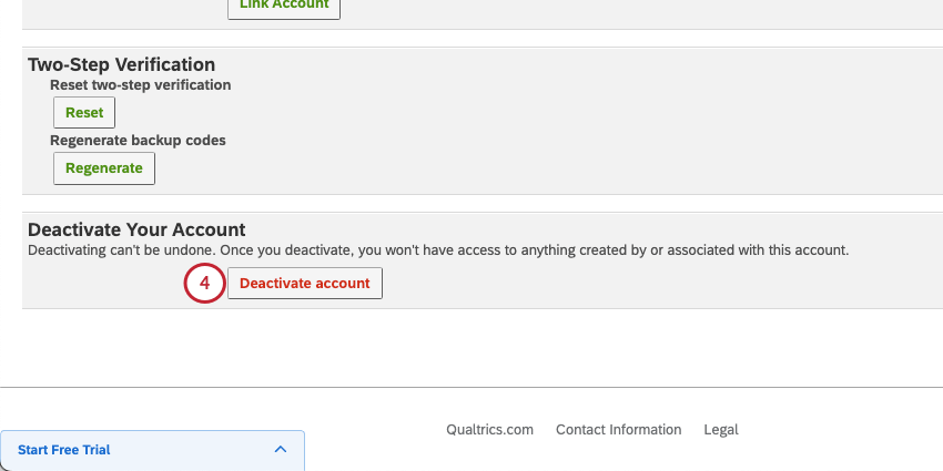 section bottom of page called deactivate your account with big red deactivate account button