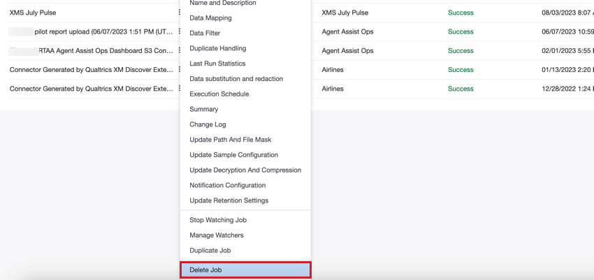 choosing delete job in the job options menu
