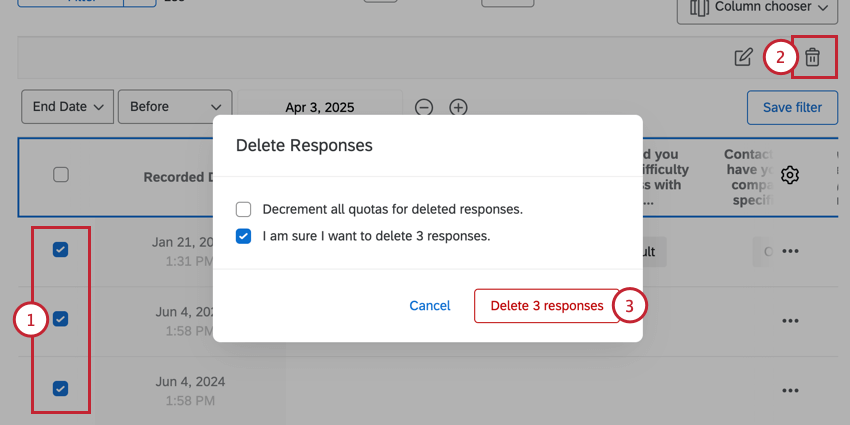 deleting responses in the data and analysis tab