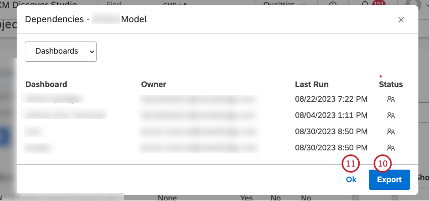 すべての属性またはカテゴリ・モデルの依存関係を MS Excel にエクスポートするには、「エクスポート」をクリックします（オプション）。Ok をクリックして Dependencies ウィンドウを閉じます。