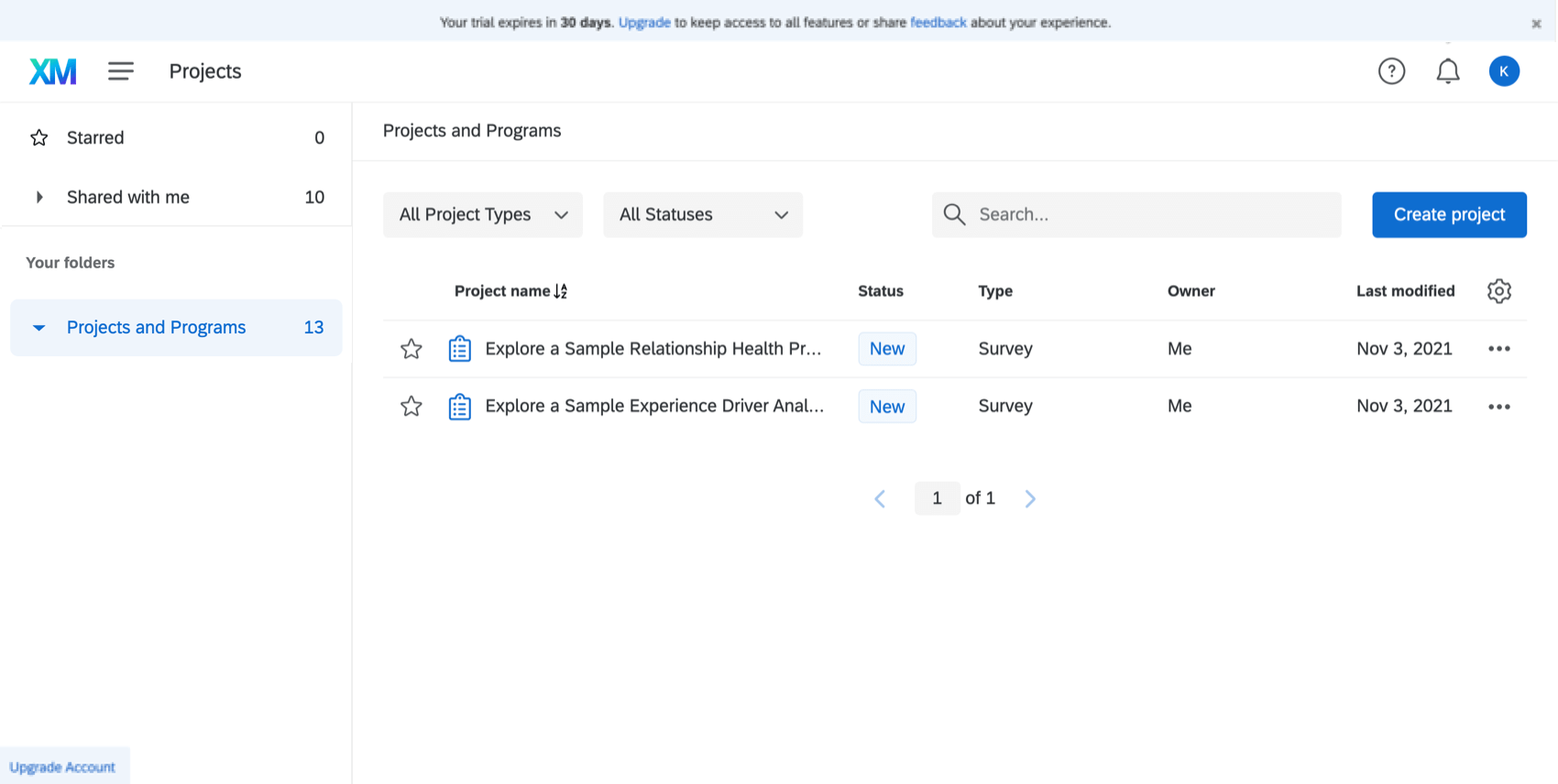 Image of account with trial started, as indicated by banner along the top of the projects page