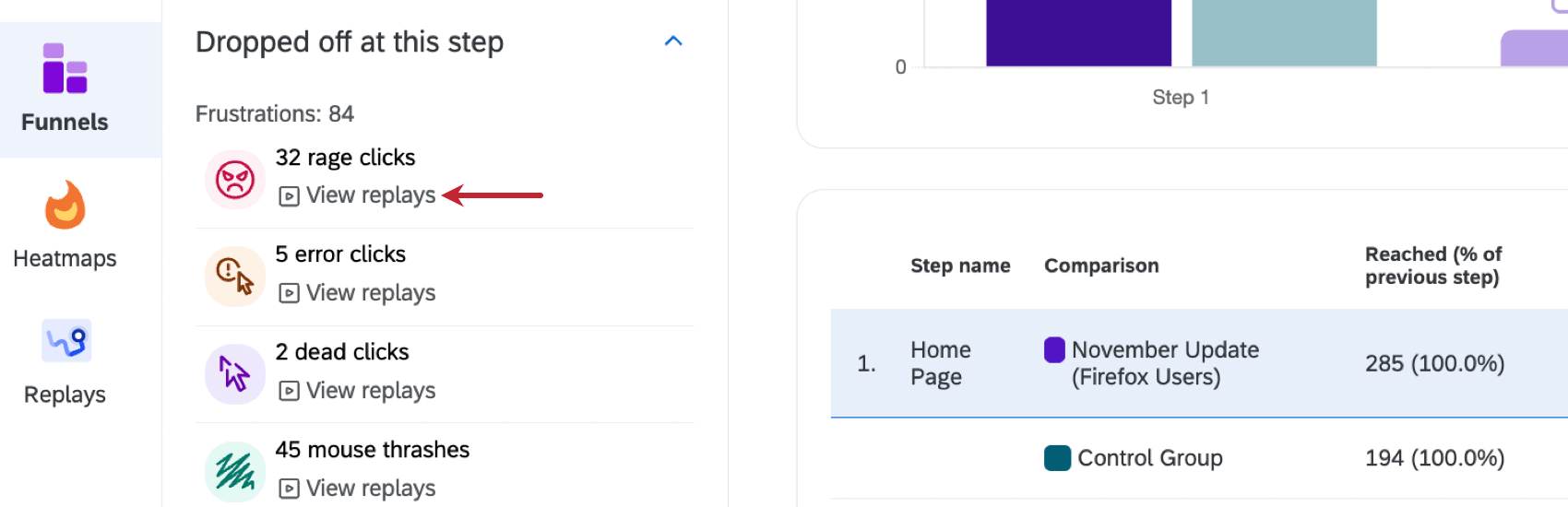 Pulsante Visualizza replay allinterno di un imbuto