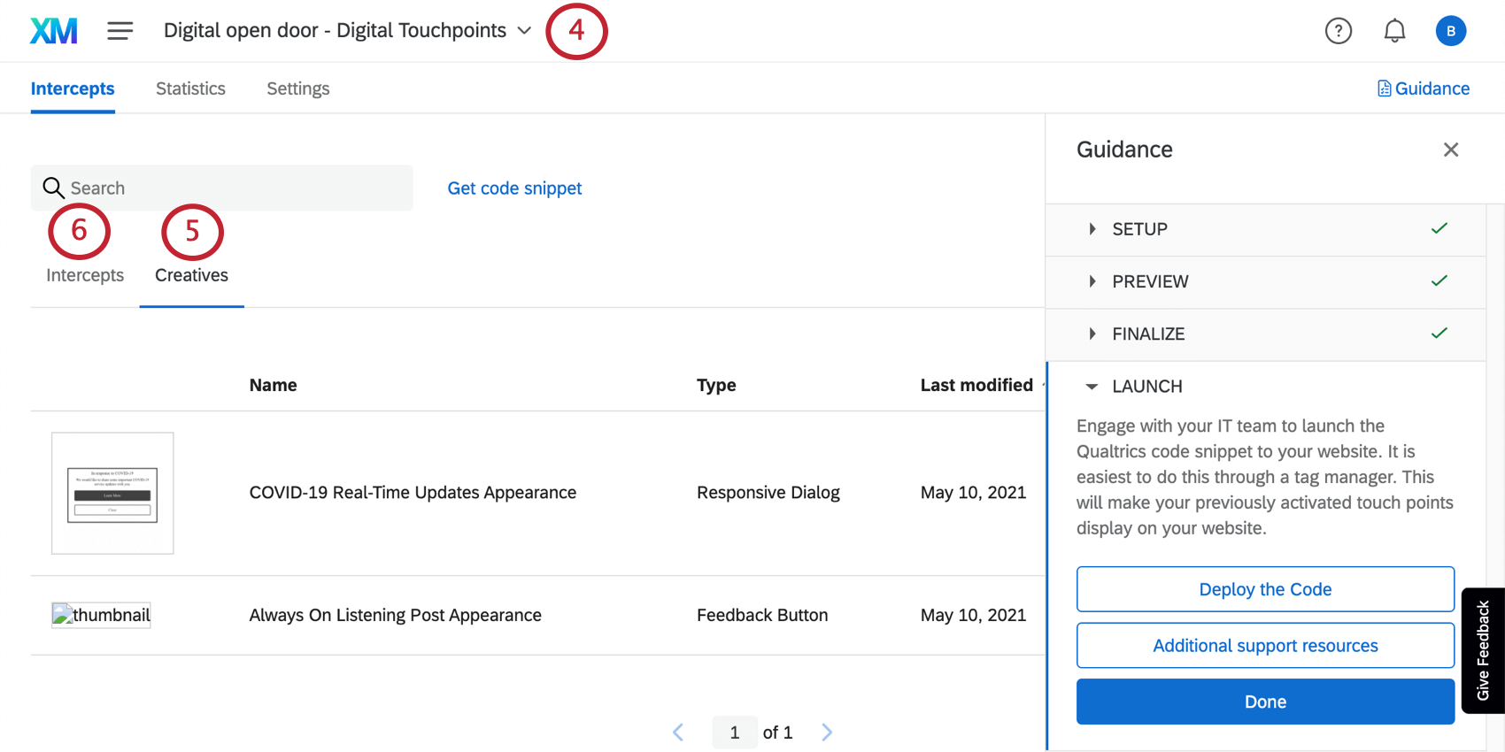 the creatives and intercepts tabs in your project