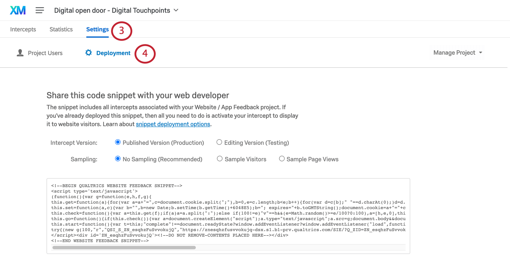 Registerkarte "Einstellungen" des Feedback der Website-App