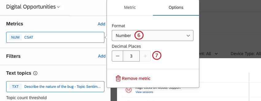 menu for configuring additional metric options