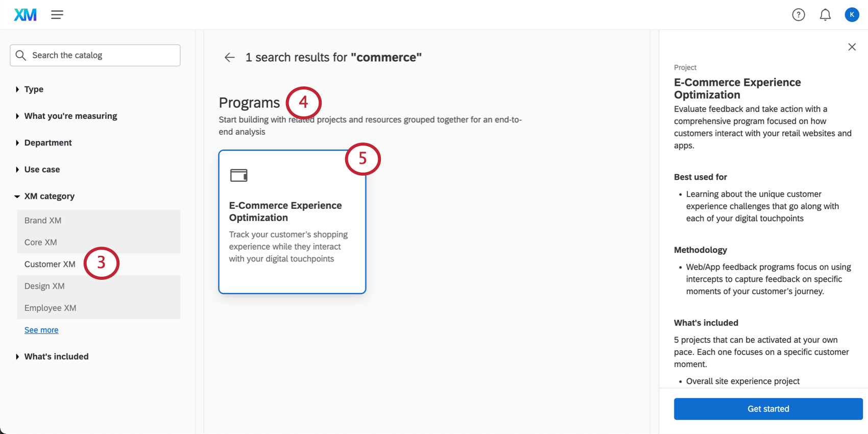 カタログからCUSTOMXMを選択し、カタログをスクロールしてProgramsとE-Commerceを表示する。