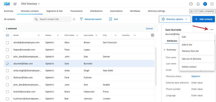 il menu a 3 punti su un contatto selezionato è aperto