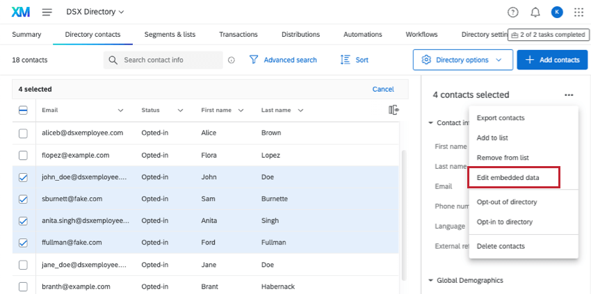 multiple contacts selected, 3 dot menu opened to show edit embedded data