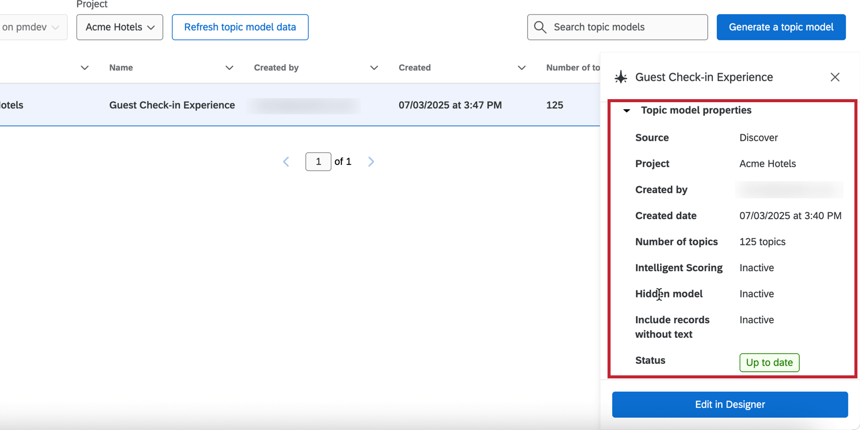 laffichage des propriétés du modèle sur la page Analyse de texte