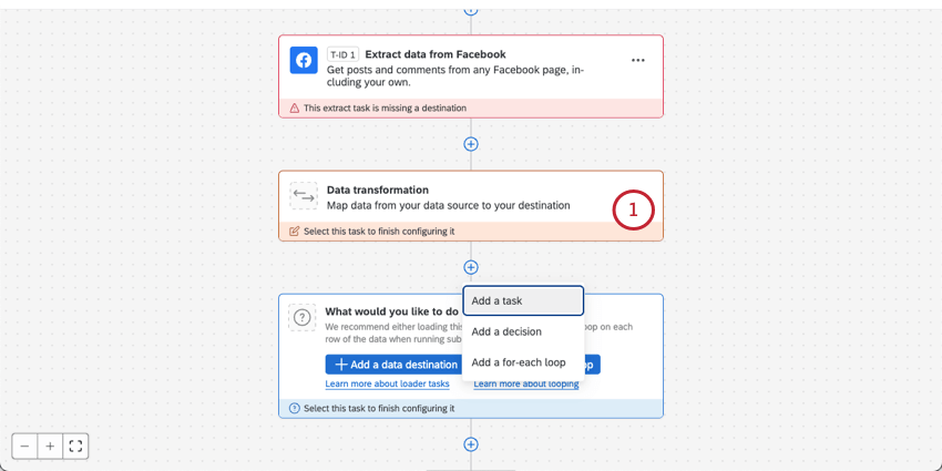 workflow that extracts from Facebook. clicking button to add a transformation