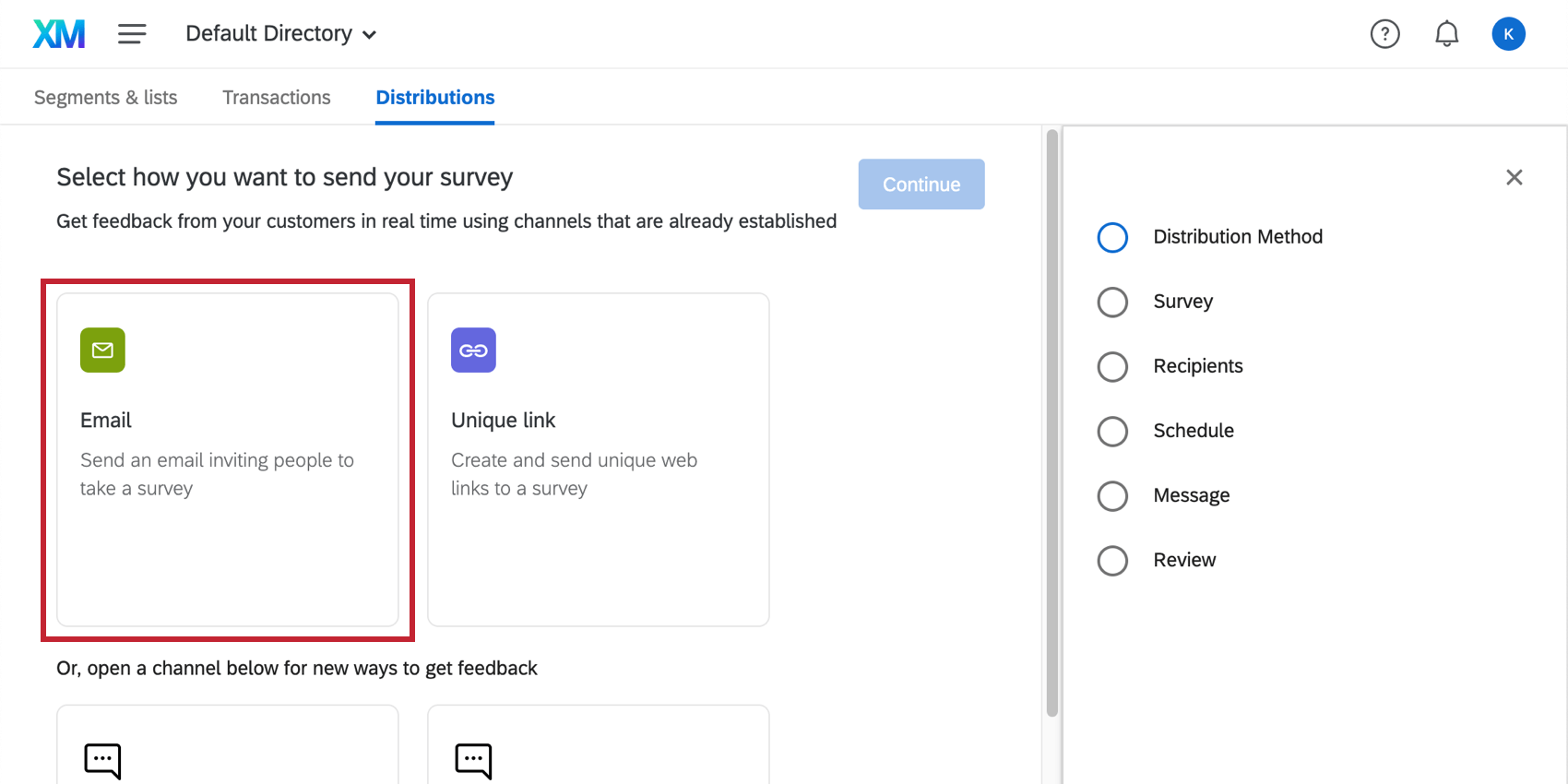 Opzione e-mail dopo aver fatto clic sul pulsante Crea distribuzione