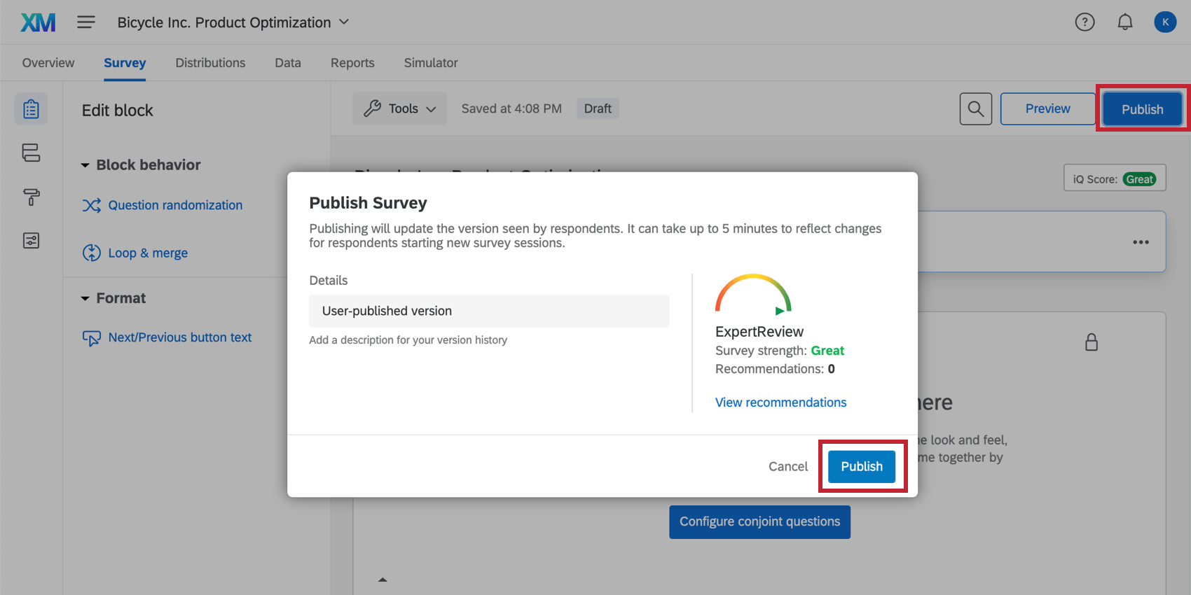 Publish window is open. In the background analyze and publish is highlighted