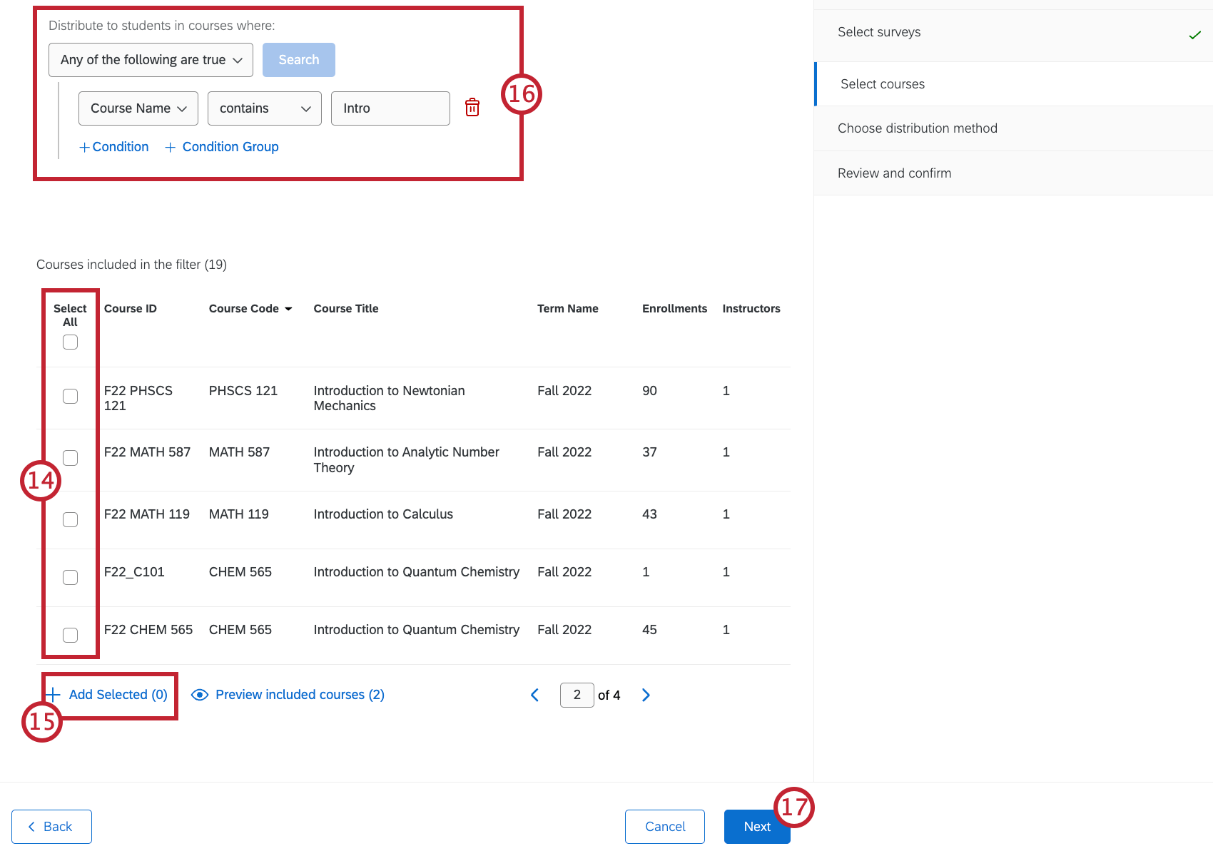 filter to narrow down available courses at the top of the screen, and a table at the bottom with checkboxes to select which courses will be included in the evaluation