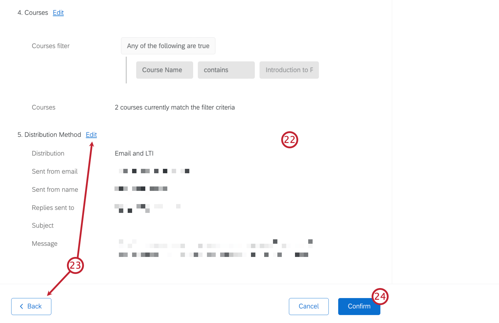 reviewing the configuration settings with an arrow to the edit buttons