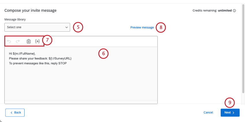 SMS message editor