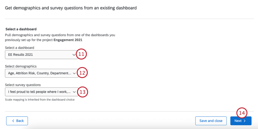 selecting a dashboard, the questions, and employee demographics to use for analysis