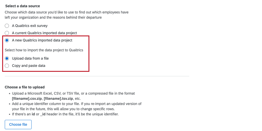 CSVをアップロードするか、新しいインポートされたデータプロジェクトのデータを貼り付けるためのウィンドウです。