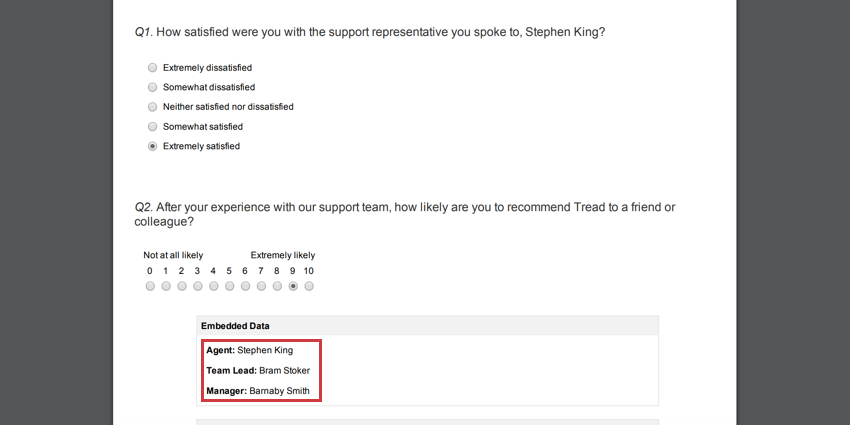 Pregunta de NPS y CSAT sobre Stephen. En la parte inferior se encuentran los campos de agente, gerente y líder del equipo.