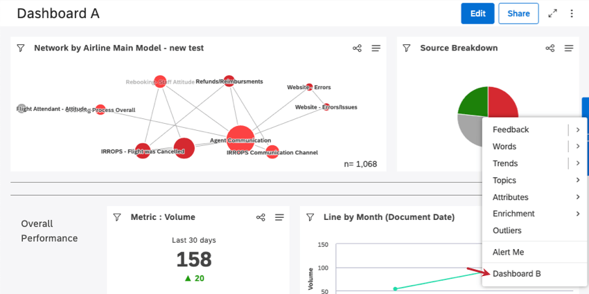 clicking a data point and highlighting the dashboard listed at the bottom of the drilling list