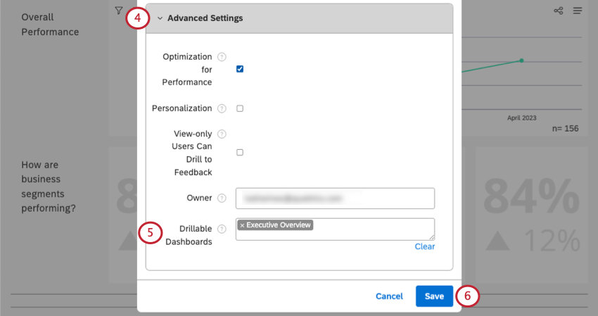 Sección de configuración avanzada de la ventana de propiedades del Tablero