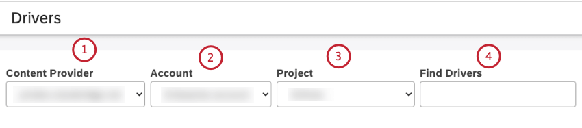 Selezionare il fornitore di contenuti, laccount, il progetto e cercare i driver per nome