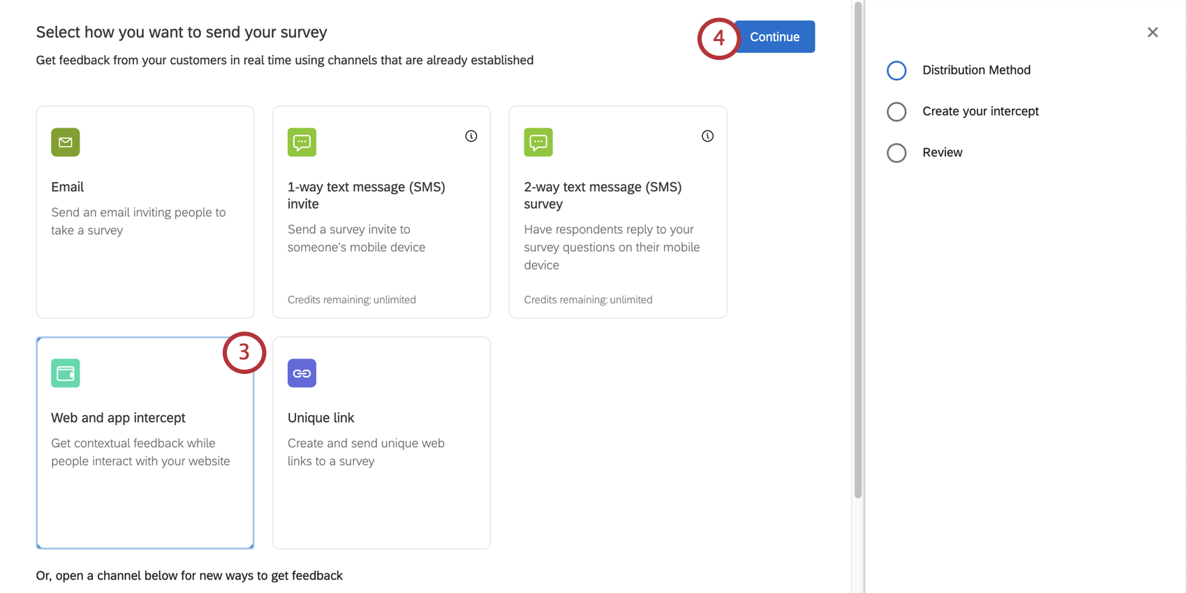 Tile says web and app feedback. Continue button in upper-right