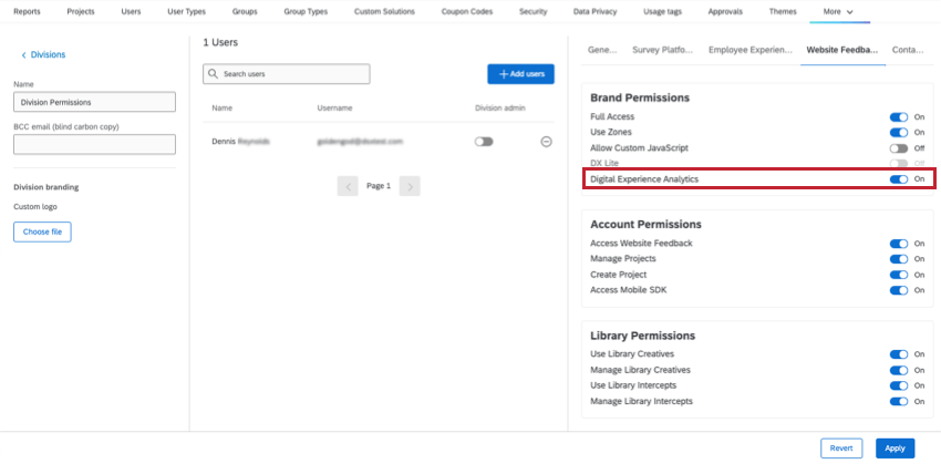Editing a division, in the website feedback permissions