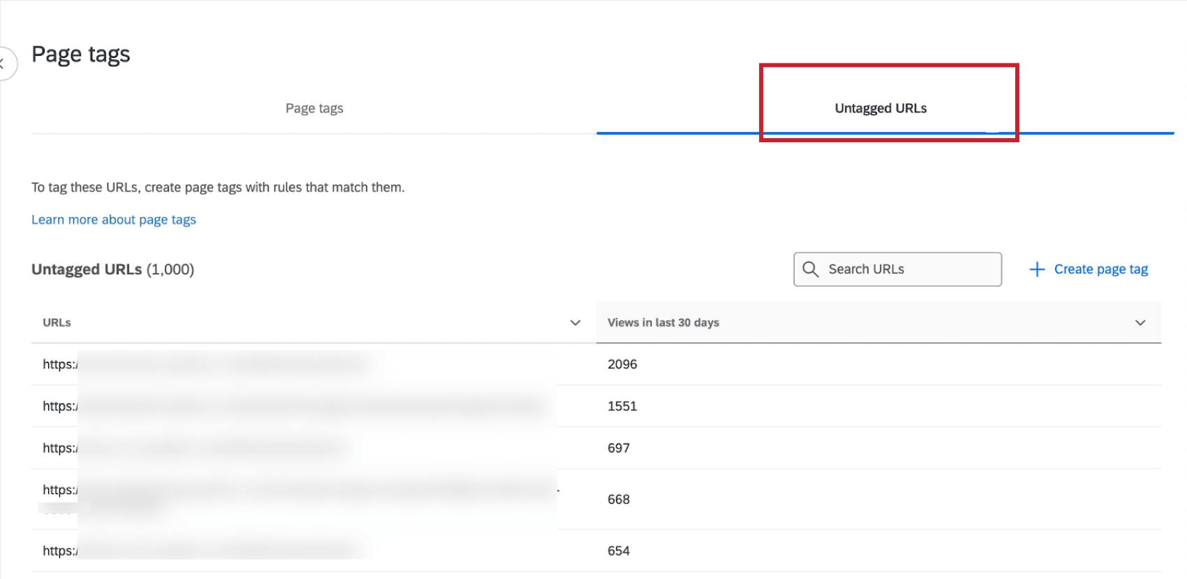 la sezione URL non taggati dei tag della pagina