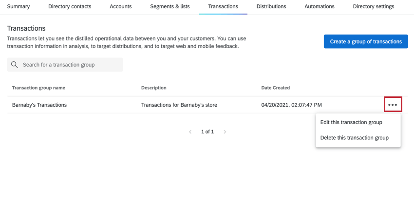 clicking the three dots next to a transaction group to show group options