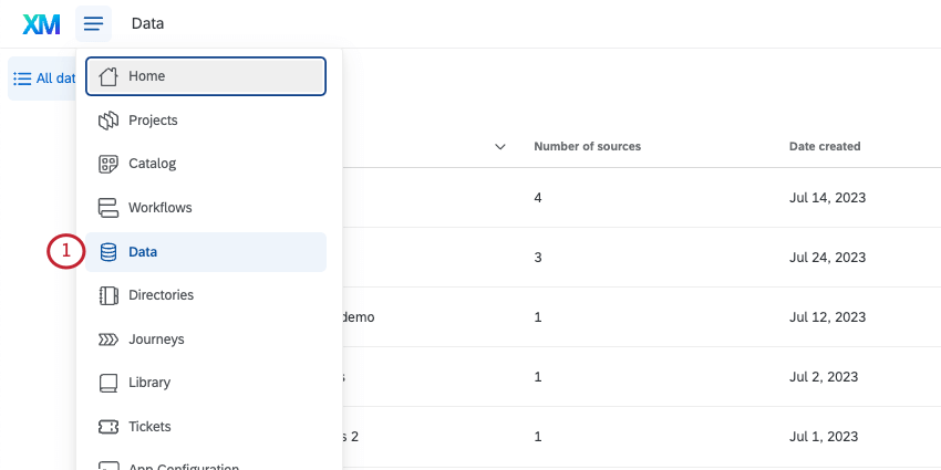 clicking hamburger menu top of every Qualtrics page, selecting data from the menu