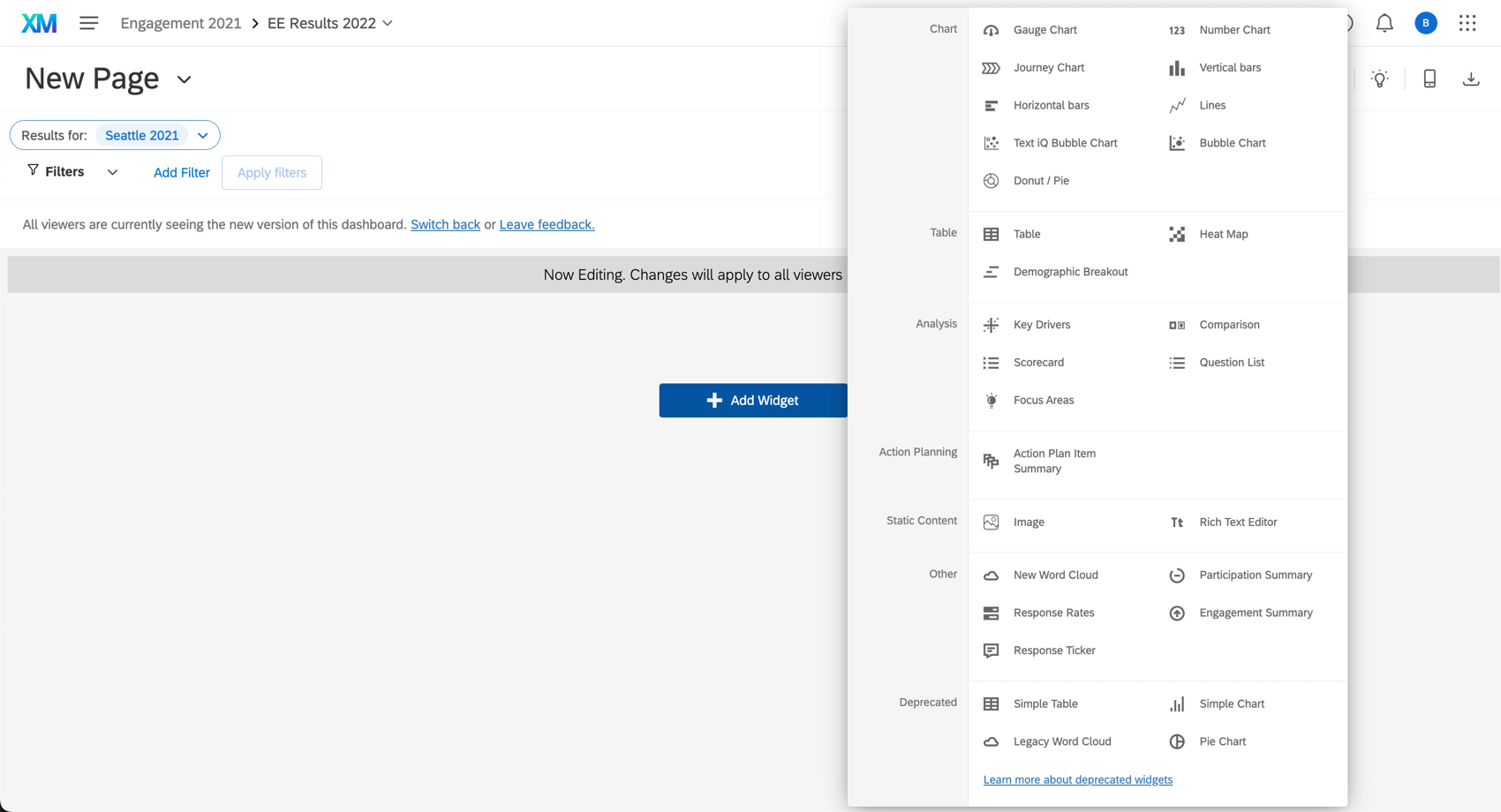 Bouton "Ajouter un widget" sélectionné pour afficher une liste de questions