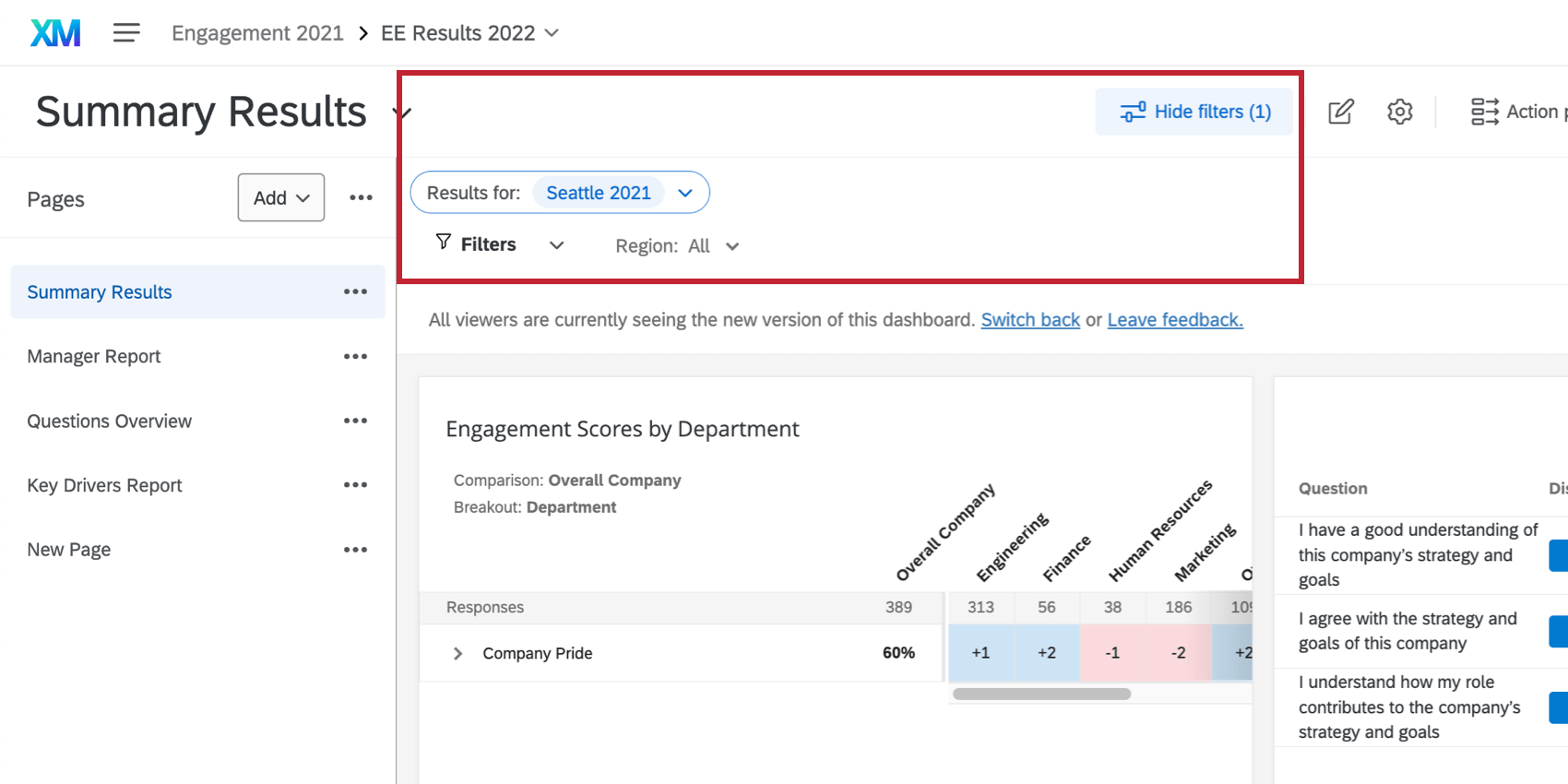 Upper left, there are filter dropdowns, including org hierarchy filters. To the right of that, higher above, is the option to hide or show filters