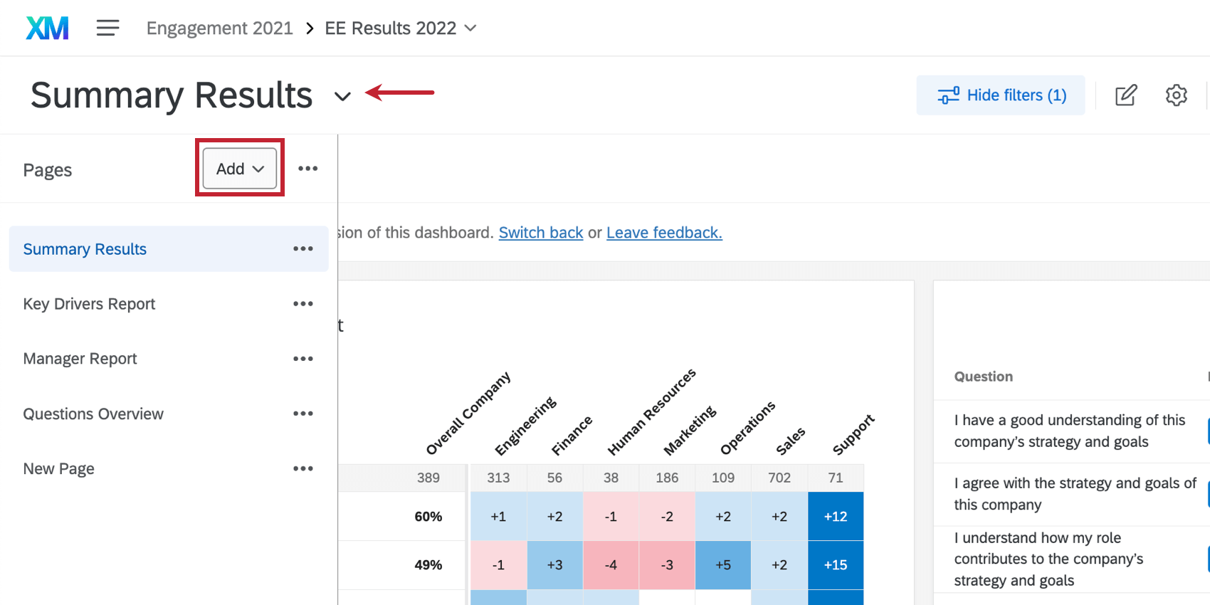 Immagine di quando si fa clic sul pulsante Aggiungi pagina sul lato sinistro della dashboard