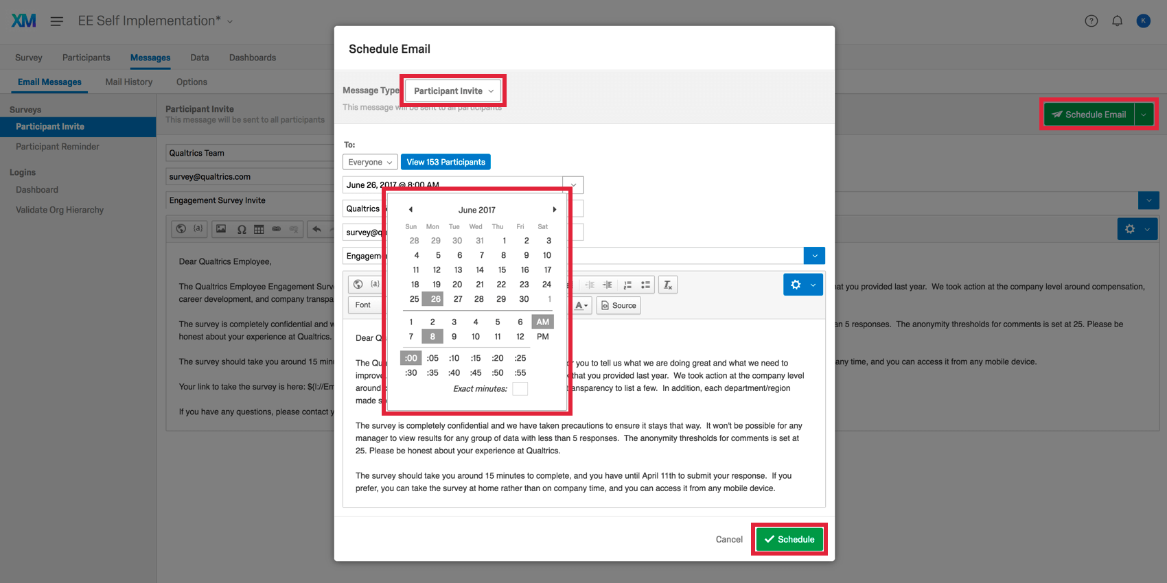 Ventana de correo electrónico programada con menú de tiempo expandido