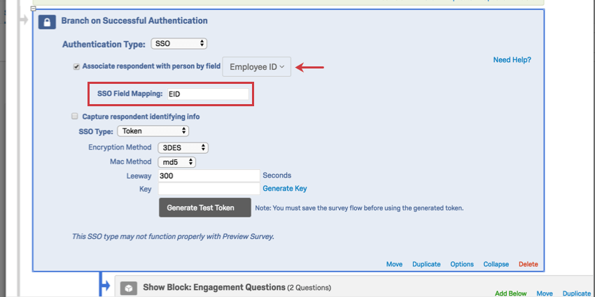 Arrow indicates the associate response with person by field is set to Employee ID, not email; as a result, an sso field mapping box appears below