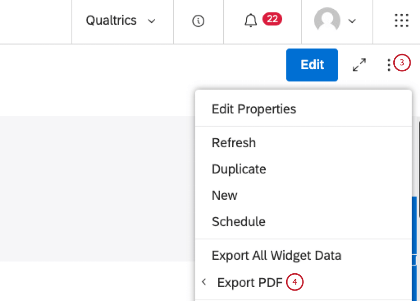 Alternatively, when a dashboard is open, expand the options menu in the dashboard header. Select Export PDF.