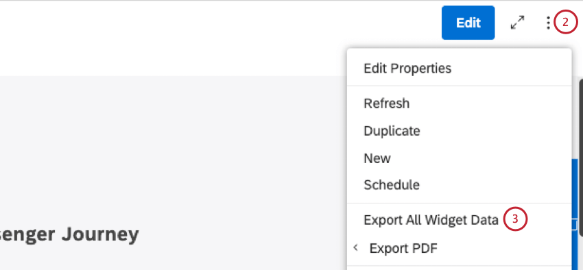 Expand the options menu in the dashboard header. Select Export All Widget Data.