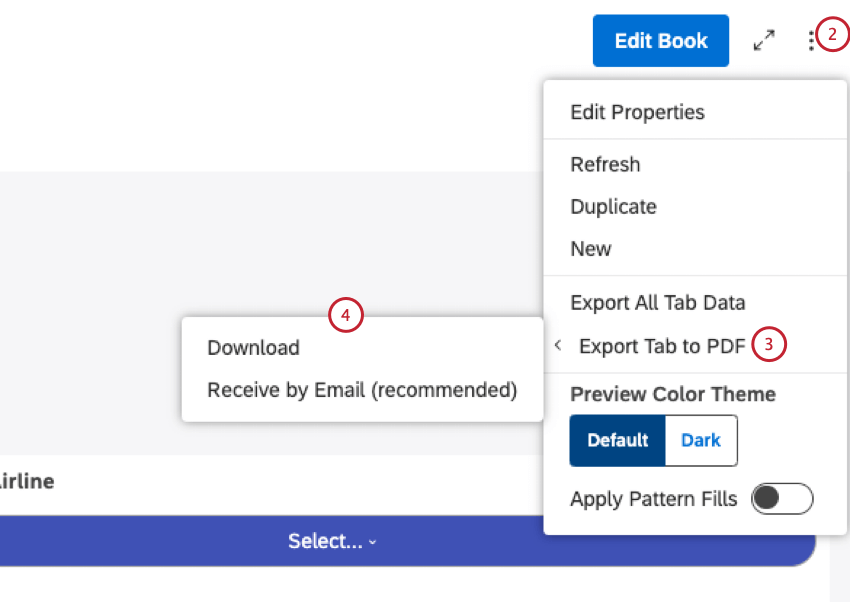 Expand the options menu in the book header. Select the Export Tab to PDF. Choose your delivery option.