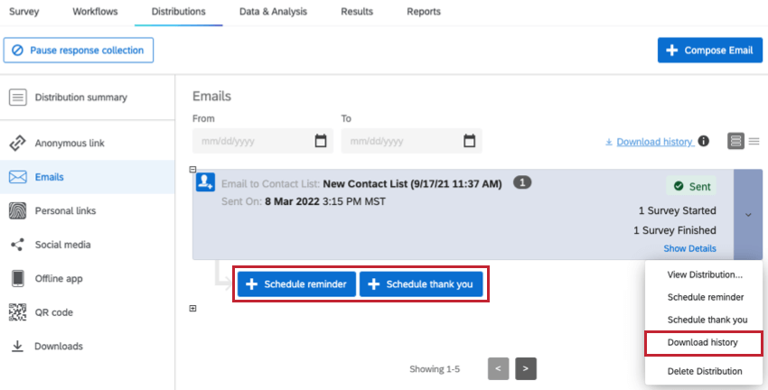 Die Option „Download-Verlauf“ befindet sich in der Dropdown-Liste rechts neben einer Verteilung