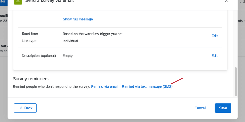 メールサマリーの下部に、メールおよび SMS アンケートのリマインダーにリンクするテキストが表示されています。