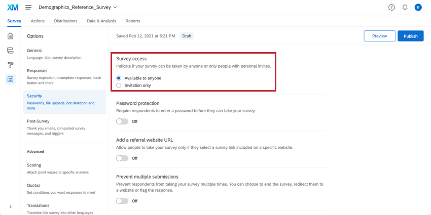 Impostazioni di accesso al sondaggio in Opzioni sondaggio